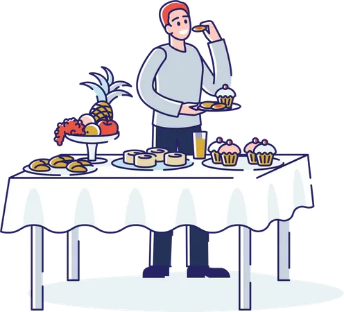 Homem de pé à mesa servida e comendo comida saborosa  Ilustração