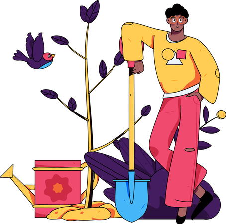 Homem de pé com uma pá perto da planta  Ilustração