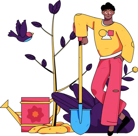 Homem de pé com uma pá perto da planta  Ilustração