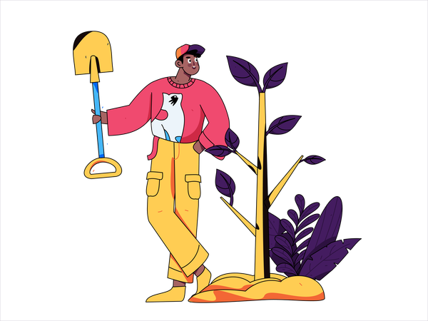 Homem de pé com uma pá perto da planta  Ilustração