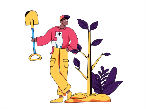 Homem de pé com uma pá perto da planta  Ilustração