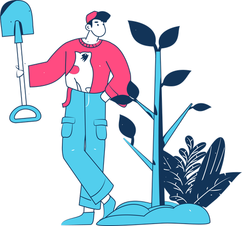 Homem de pé com uma pá perto da planta  Ilustração