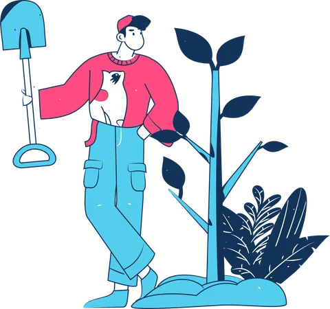 Homem de pé com uma pá perto da planta  Ilustração