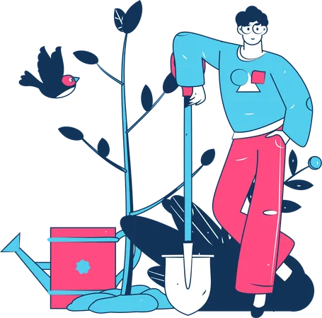 Homem de pé com uma pá perto da planta  Ilustração