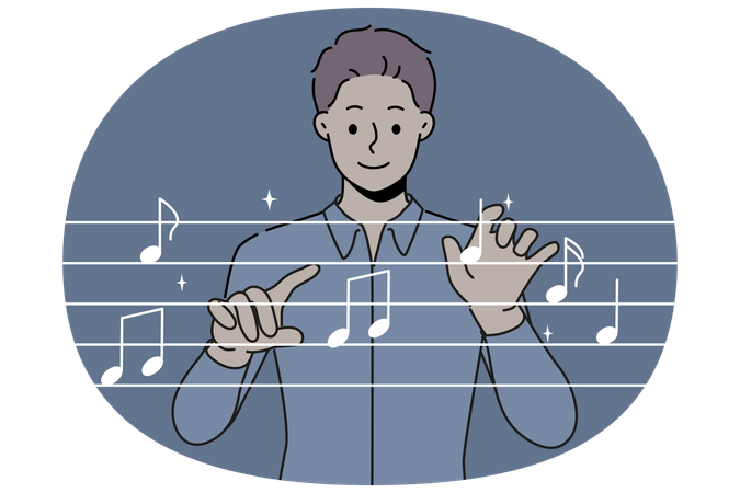 Homem parado perto de notas imaginárias e cria nova composição musical  Ilustração