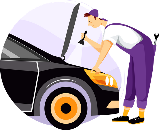 Homem de reparo, verificando o motor  Ilustração
