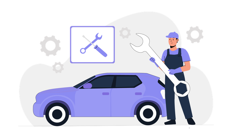 Homem de serviço em pé com chave inglesa perto do carro  Ilustração