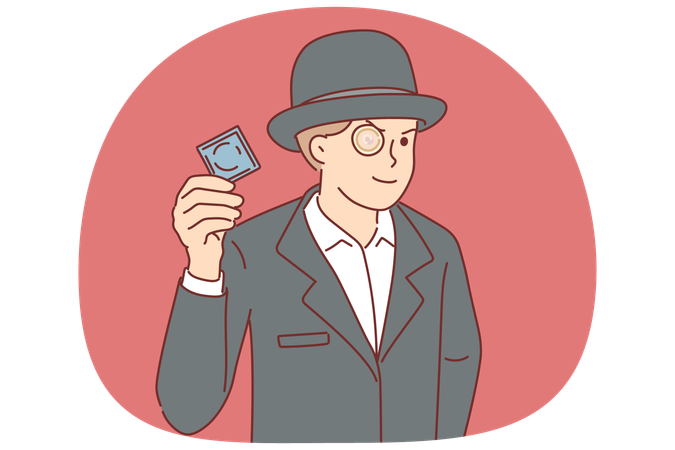 Homem de smoking com camisinha em vez de monóculo pede uso de anticoncepcionais para sexo seguro  Ilustração