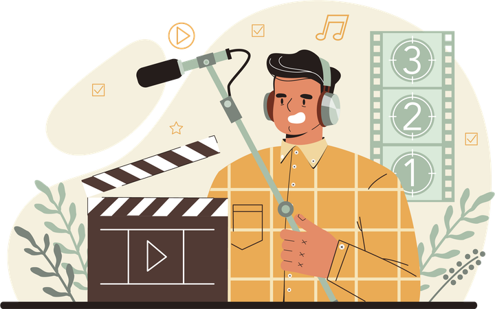Homem de som ouvindo trilha sonora de filme  Ilustração