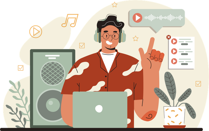 Homem de som, verificando a faixa de áudio  Ilustração