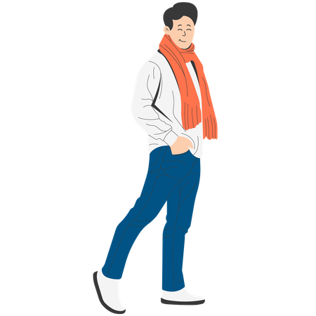 Homem de suéter branco e cachecol, aproveitando a caminhada de inverno  Ilustração