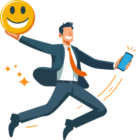 Homem de terno segurando um celular e um emoji de rosto sorridente  Ilustração