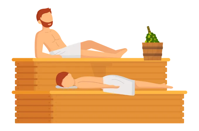 Homem com toalha branca descansando no banco de madeira na sauna a vapor quente  Ilustração