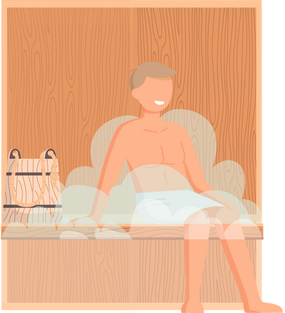 Homem com toalha branca descansando no banco de madeira na sauna a vapor quente  Ilustração