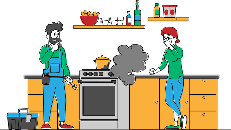 Homem de uniforme segurando chave inglesa para consertar forno quebrado no cliente  Ilustração