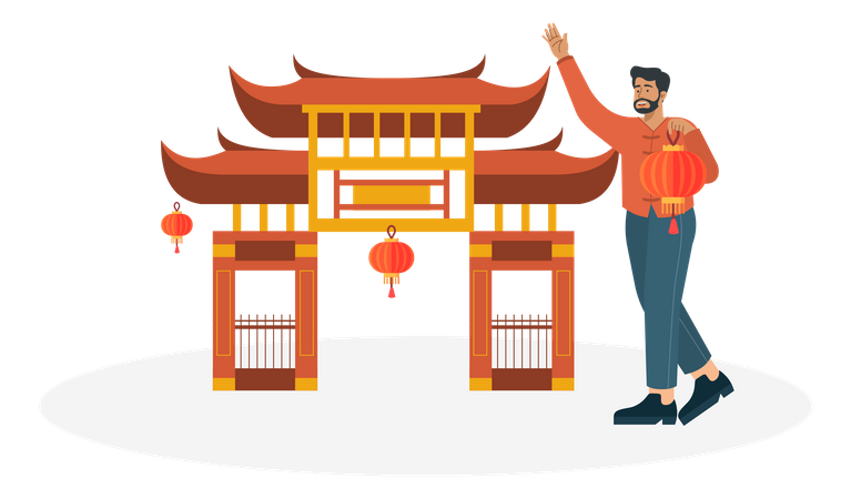 Homem decora portão chinês no dia do festival chinês  Ilustração