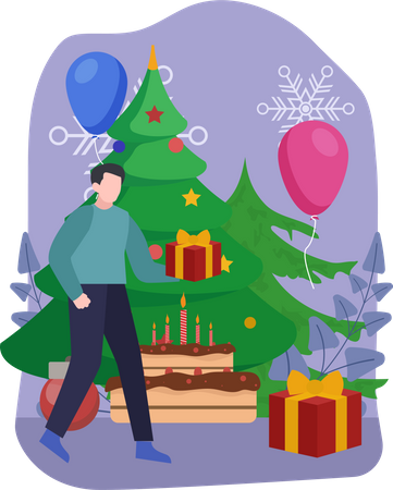 Homem Decorando Árvore De Natal  Ilustração