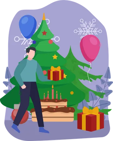 Homem Decorando Árvore De Natal  Ilustração