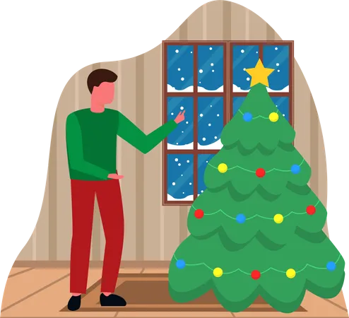 Homem decora árvore de natal  Ilustração