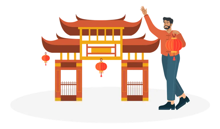Homem decora portão chinês no dia do festival chinês  Ilustração