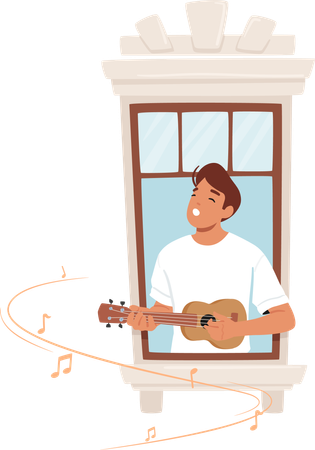 Homem dedilha apaixonadamente seu violão na janela  Ilustração