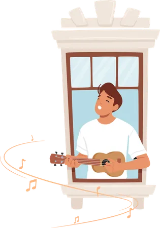 Homem dedilha apaixonadamente seu violão na janela  Ilustração