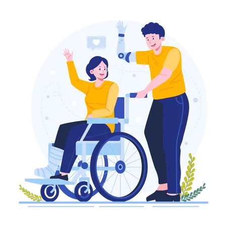 Homem com deficiência ajudando mulher a empurrar cadeira de rodas  Ilustração