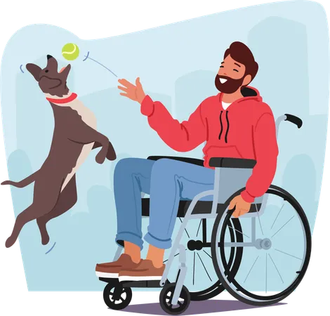 Homem deficiente brincando com cachorro  Ilustração