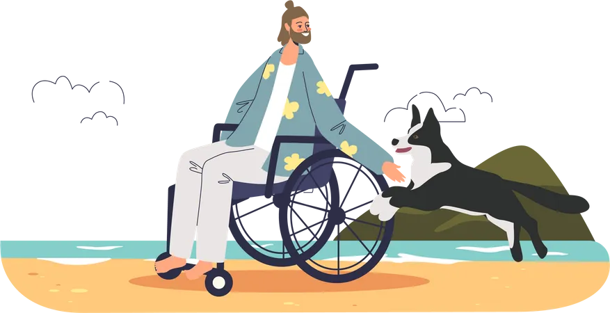 Homem com deficiência em cadeira de rodas brincando com cachorro  Ilustração