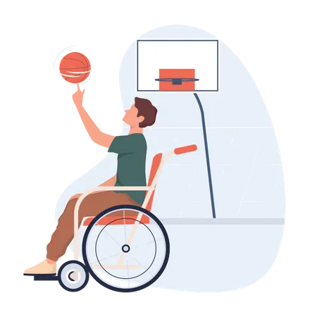 Homem com deficiência em cadeira de rodas jogando basquete  Ilustração