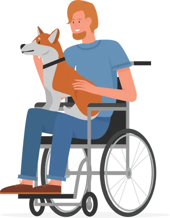 Homem deficiente segurando cachorro  Ilustração