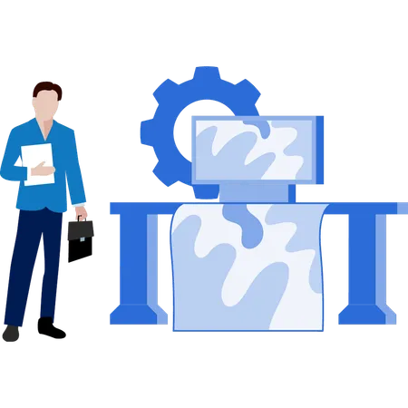 Homem montando loja de impressão industrial  Ilustração