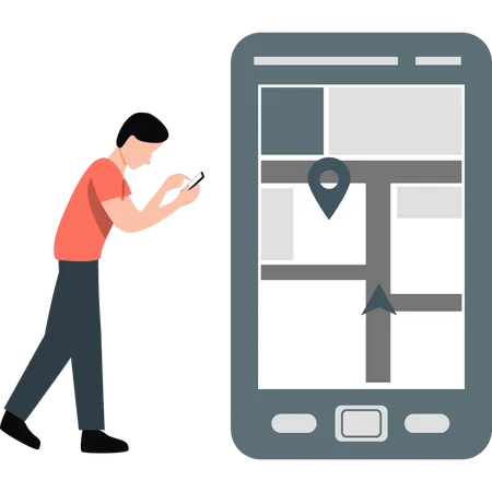 Homem definindo localização no celular  Ilustração