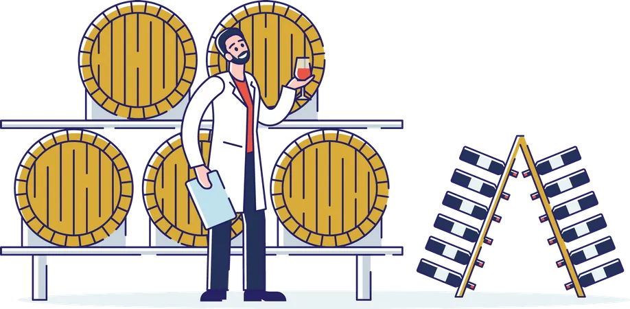 Homem Degustando Vinho Na Adega Com Barris De Madeira  Ilustração