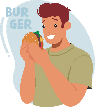 Homem saboreando hambúrguer suculento  Ilustração