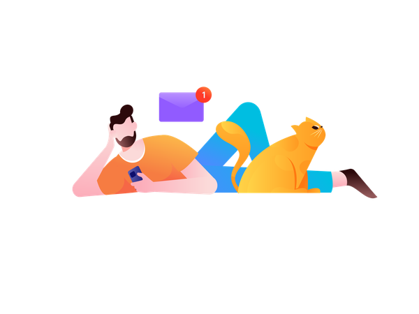 Homem deitado no chão enquanto olha mensagens não lidas no celular  Ilustração