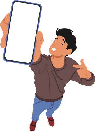 Homem Demonstrando Recursos Do Smartphone Personagem Masculino Apontando Para A Tela Com O Dedo Mostrando Suas Capacidades E Envolvendo O Espectador Em Uma Experiencia Interativa Ilustra O Vetorial De Pessoas Dos Desenhos Animados Ilustração