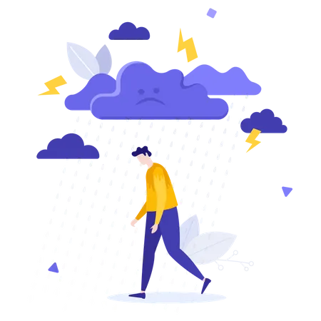 Homem deprimido andando sob chuva  Ilustração