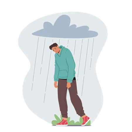 Homem ansioso deprimido sofre de depressão ou problema de ansiedade sente-se frustrado andando sob uma nuvem chuvosa acima da cabeça  Ilustração