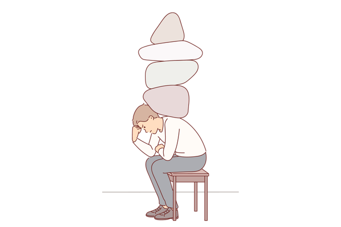 Homem deprimido com pedras nas costas, enfrentando estresse e desconforto devido à pesada carga de trabalho  Ilustração