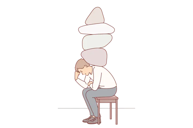 Homem deprimido com pedras nas costas, enfrentando estresse e desconforto devido à pesada carga de trabalho  Ilustração
