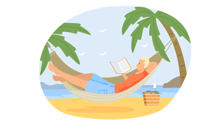 Homem descansa deitado na rede e lê livro de estudos  Ilustração