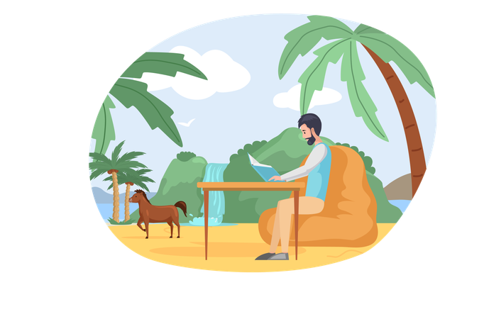 Homem descansa, senta-se à mesa e lê um livro nas férias  Ilustração