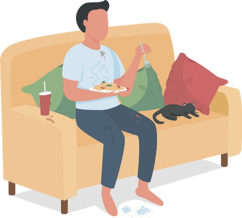 Homem descuidado comendo junk food no sofá  Ilustração