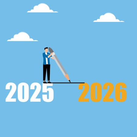 Homem desenhando uma linha de 2025 a 2026  Ilustração