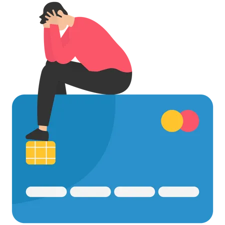 Homem desesperado sentado com uma longa lista de contas vencidas no cartão de crédito  Ilustração