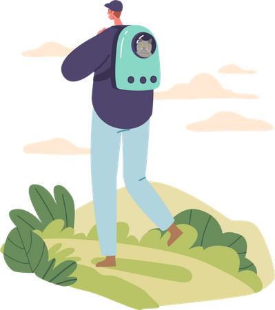 Homem gosta de caminhadas aventureiras nas montanhas com gato  Ilustração