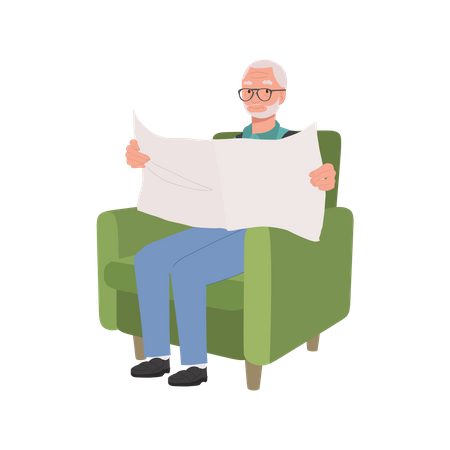 Homem desfrutando de uma leitura tranquila de jornal no sofá aconchegante  Ilustração