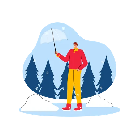 Homem aproveitando a queda de neve  Ilustração