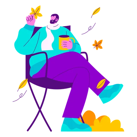 Homem tomando café no Autumn Park  Ilustração